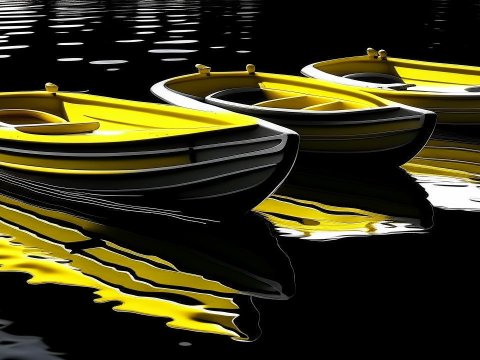 Three Yellow Rowboats Reflecting on Dark Water