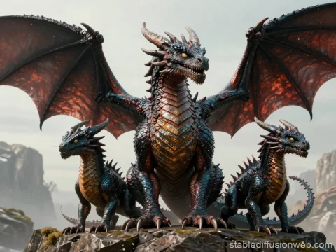 Three Young Dragons Standing on Rocky Cliff