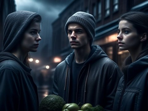 Three Young People in Hoodies on a Moody Urban Night
