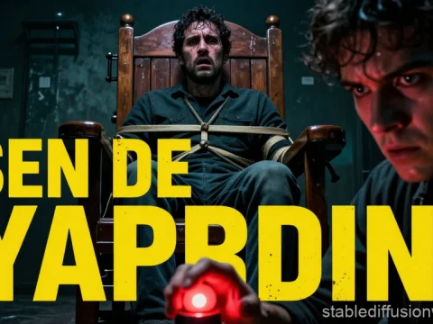 Thrilling Scene of Man Tied to Chair with Intense Expression