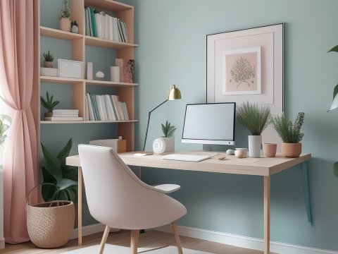 Tidy and Cozy Home Office with Pastel Decor