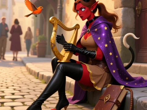 Tiefling Harpist Playing on Cobblestone Street