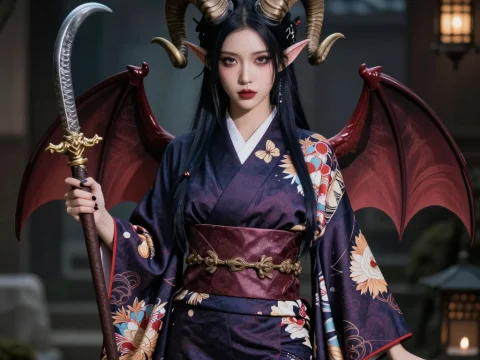 Tiefling Rogue in Elegant Kimono with Horns and Wings
