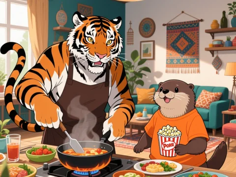 Tiger Cooking a Feast with Otter Friend in Cozy Living Room