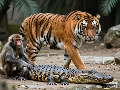 Tiger, Monkey, and Crocodile Together in Natural Setting