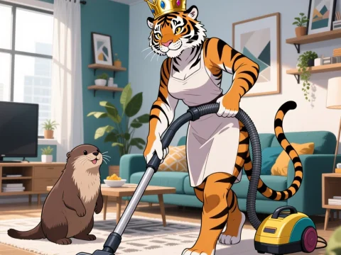 Tiger Queen Vacuuming with Otter Companion in Cozy Living Room