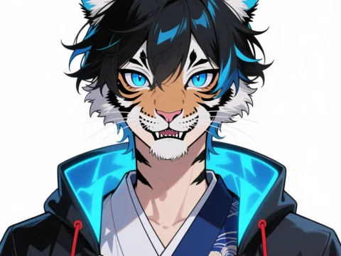 Tiger Spirit VTuber Character with Blue Accents