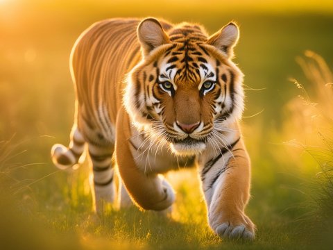 Tiger Walking Through Sunlit Grass