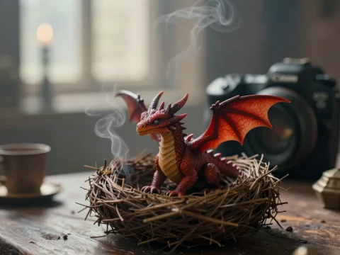 Tiny Red Dragon Sitting in a Nest with Smoke