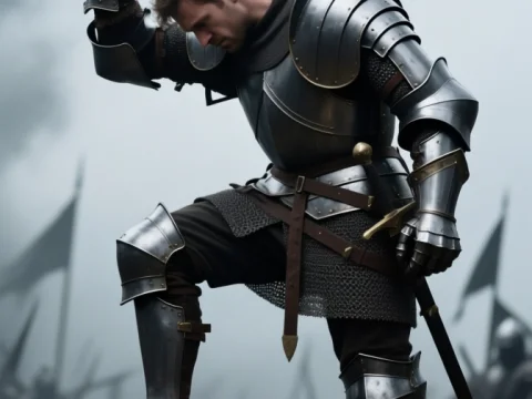 Tired Knight in Full Armor Holding Sword
