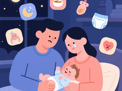 Tired Parents Caring for Happy Baby at Night