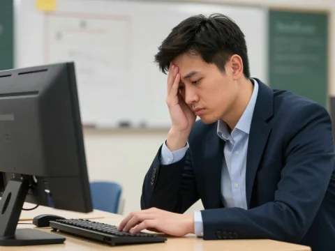 Tired Teacher Working at Computer in Classroom
