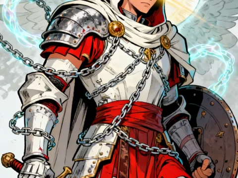 Tired Warlock Angelic Knight with Glowing Eyes