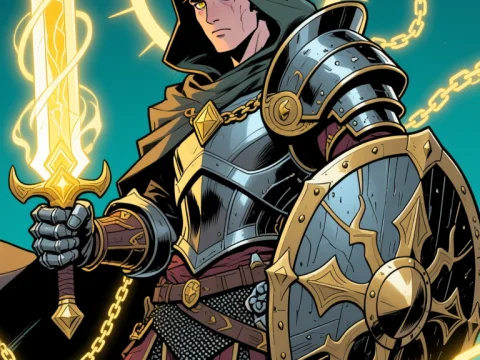 Tired Warlock Knight with Glowing Sword and Shield