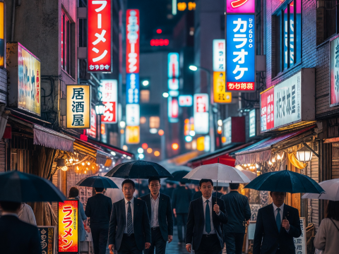 Tokyo Neon Night Street with Businessmen and Umbrellas