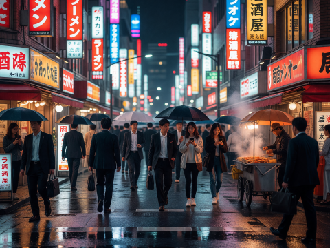 Tokyo Neon Night Street with Umbrellas and Food Stall