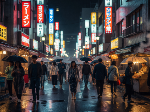 Tokyo Neon Street at Night with Umbrellas and Rain