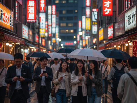 Tokyo Neon Street Reflections on a Rainy Evening