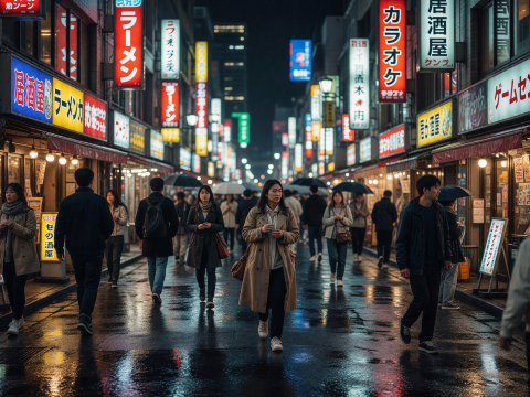 Tokyo Night Street with Neon Reflections