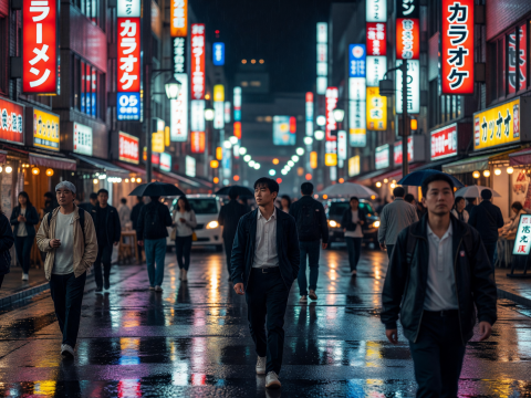 Tokyo Night Street with Neon Reflections and Crowds