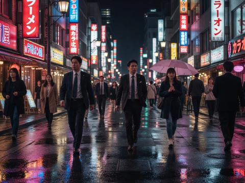 Tokyo Night Street with Neon Reflections and People Walking