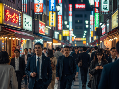 Tokyo Night Street with Neon Signs and Commuters