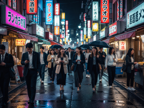 Tokyo Night Street with Neon Signs and People in Rain