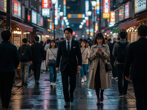 Tokyo Night Street with Neon Signs and People Walking