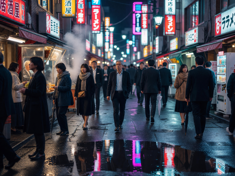 Tokyo Night Street with Neon Signs and Wet Reflections