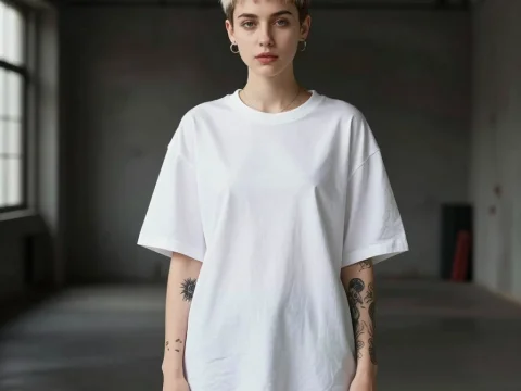 Tomboy Style Woman in White T-Shirt and Tattoos in Dark Loft