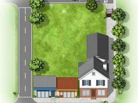 Top-Down 2D Floor Plan of Residential Corner Lot