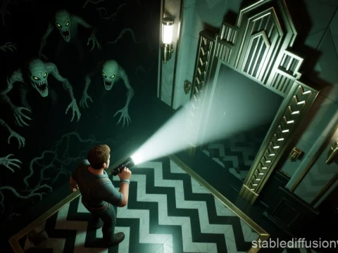 Top-Down Horror Game Scene with Creepy Monsters and Flashlight