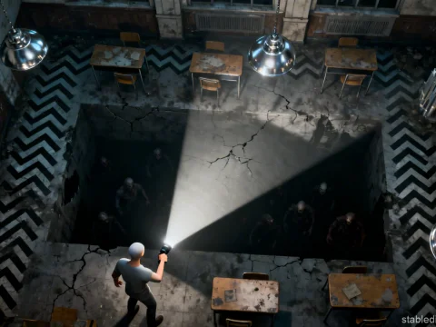 Top-Down Horror Scene in Abandoned Classroom