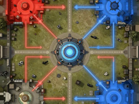 Top-Down Sci-Fi Tactical FPS Map with Red and Blue Bases