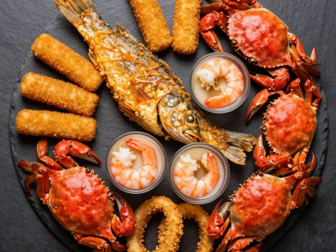 Top-Down View of a Seafood Platter with Crab, Fish, and Shrimp