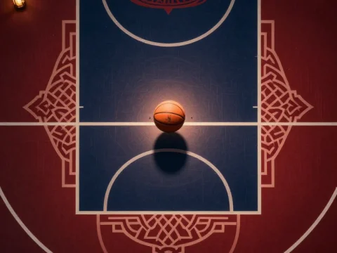 Top-Down View of Basketball Court with Islamic Geometric Patterns