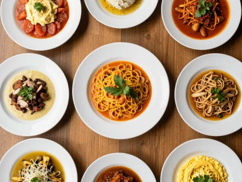 Top-Down View of Italian Dishes on White Plates