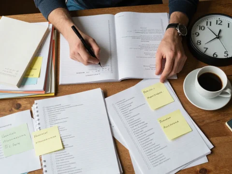 Top-Down View of Person Writing with Study Materials and Coffee