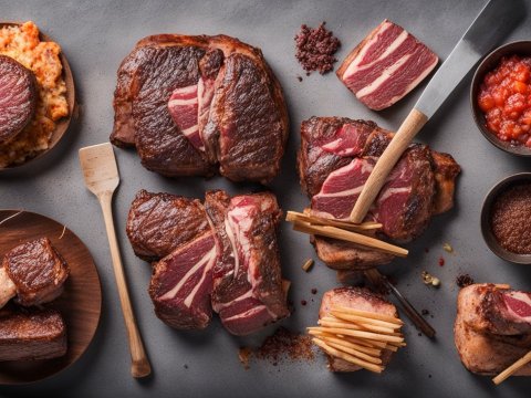 Top View of Various Cooked and Raw Meat Cuts with Sauces