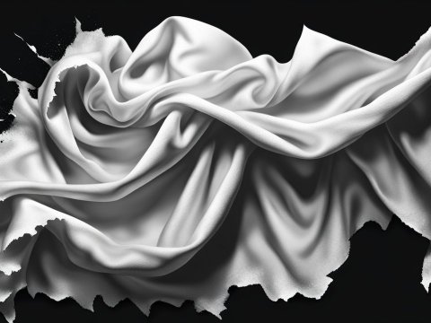 Torn White Fabric with Soft Folds on Black Background