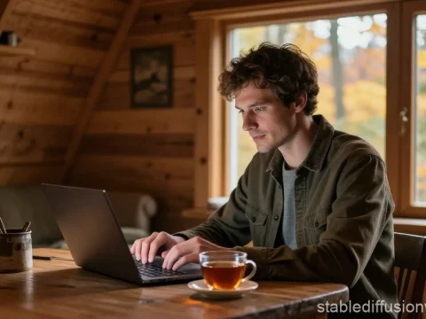 Trader Working on Laptop in Cozy Wooden Cabin