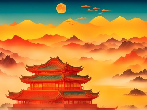 Traditional Asian Temple Amidst Misty Mountains at Sunset