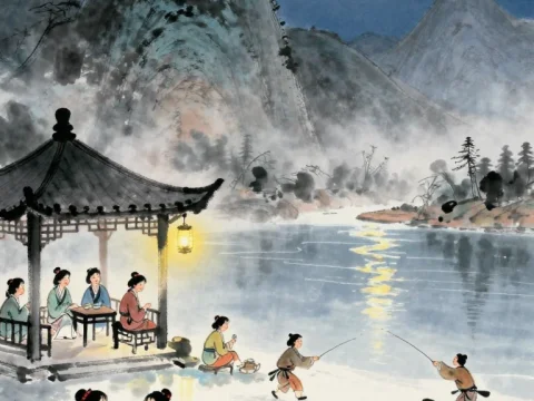 Traditional Chinese Evening by the Moonlit River