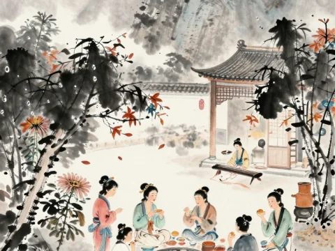 Traditional Chinese Gathering Under the Full Moon