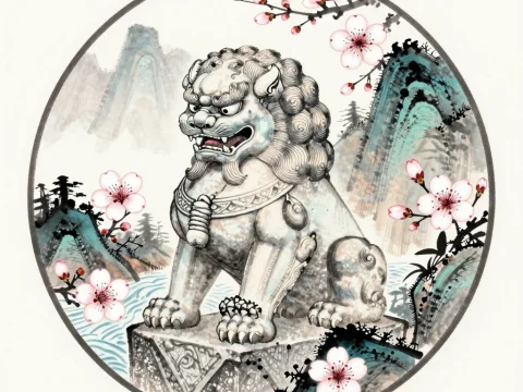 Traditional Chinese Guardian Lion with Cherry Blossoms