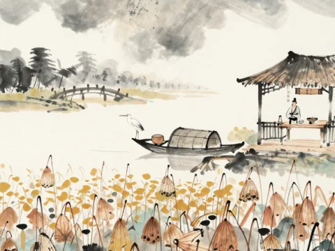 Traditional Chinese Ink Painting of Lotus Pond and Riverside Pavilion
