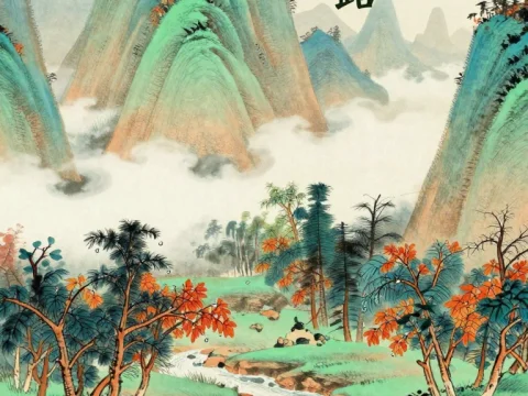 Traditional Chinese Landscape Painting with Autumn Foliage