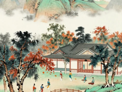 Traditional Chinese Landscape with Pavilion and Figures