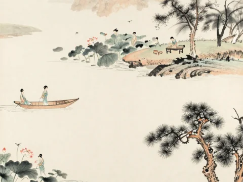 Traditional Chinese Landscape with Women by the Water