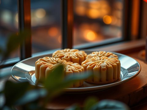 Traditional Chinese Mooncakes on a Plate by the Window